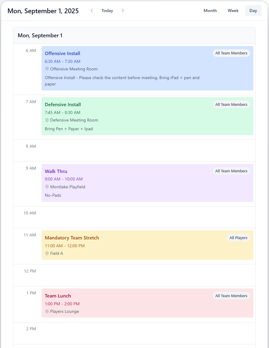 Team calendar daily view with events
