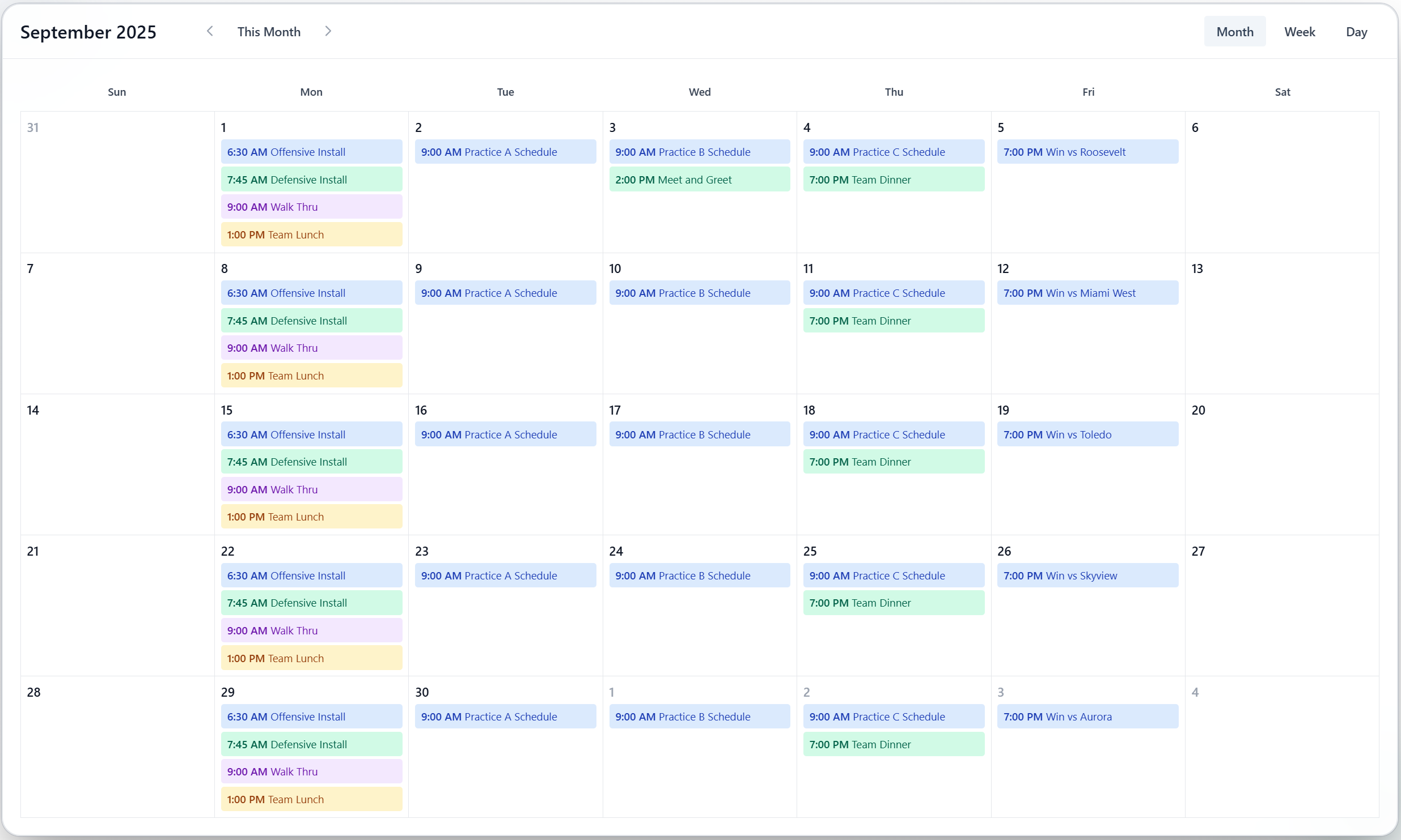 Team calendar with events and scheduling